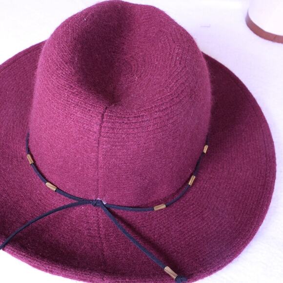 Burgundy Bucket Hat Fedora Wool/Polyester 3" Brim My Basic Beaded BK Cord Band - Picture 10 of 11